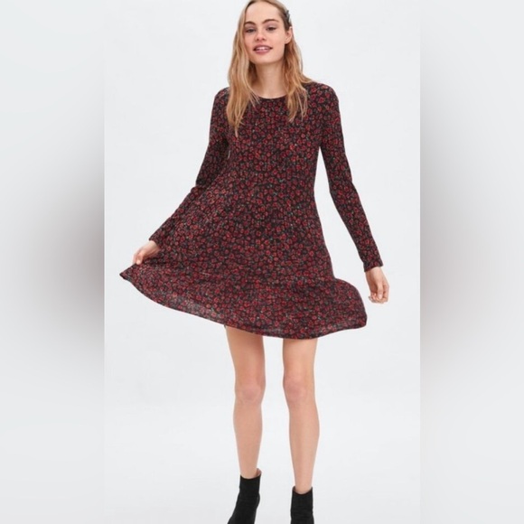 Zara Dresses & Skirts - Zara Black Floral Ruffle Tea Mini Dress Long Sleeve Babydoll Large